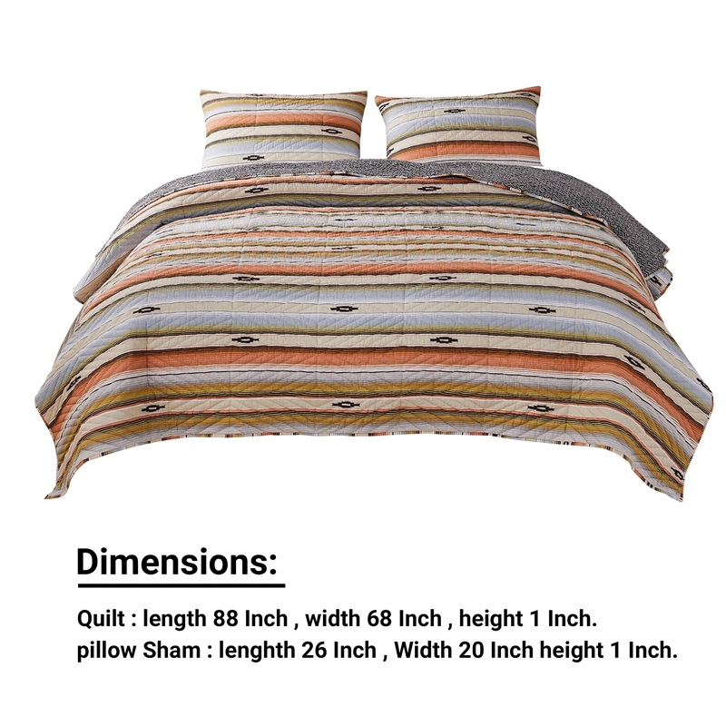 3 Piece Microfiber Full Size Quilt Set with Chevron Print- Multicolor