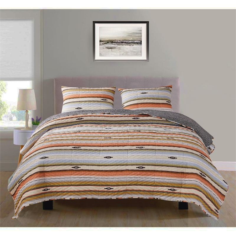 3 Piece Microfiber Full Size Quilt Set with Chevron Print- Multicolor