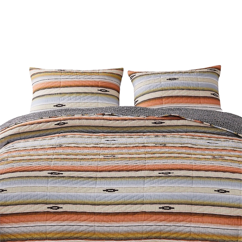 3 Piece Microfiber Full Size Quilt Set with Chevron Print- Multicolor