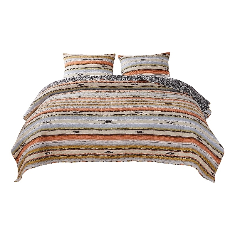 3 Piece Microfiber Full Size Quilt Set with Chevron Print- Multicolor
