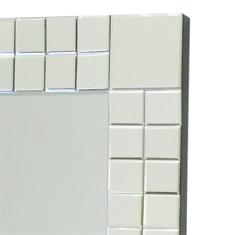 Square Beveled Mirror with Grid Like Accent- Silver