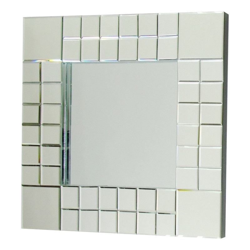 Square Beveled Mirror with Grid Like Accent- Silver