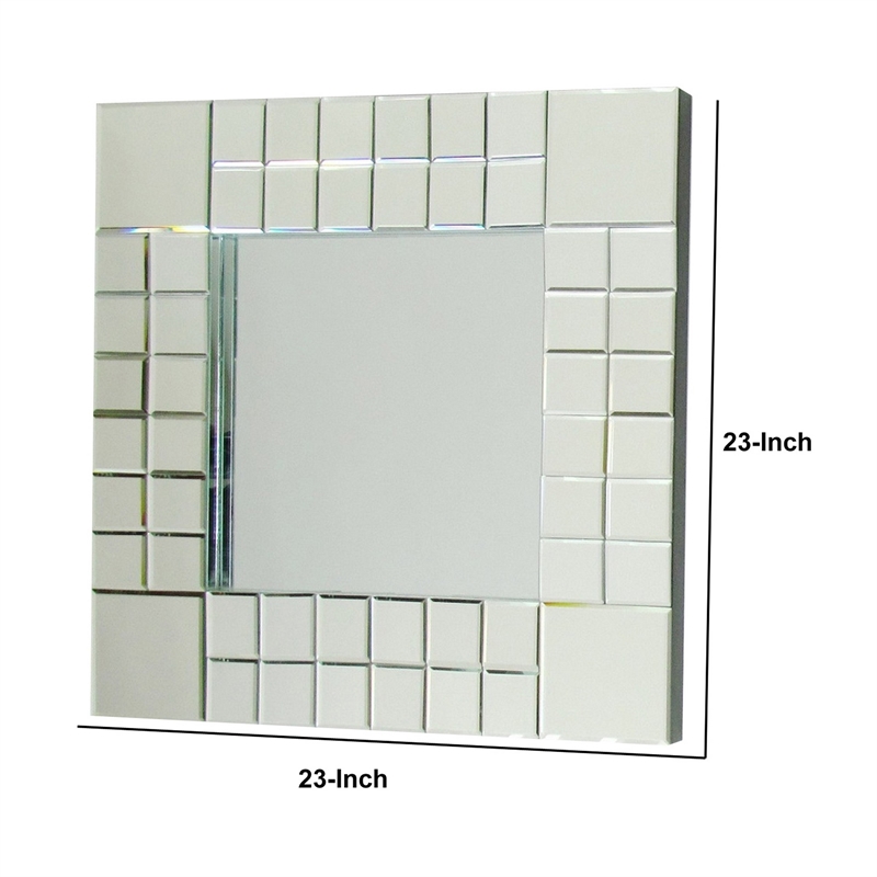 Square Beveled Mirror with Grid Like Accent- Silver