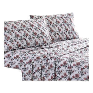 Veria 4 Piece Full Bedsheet Set with Rose Print The Urban Port- White and Pink