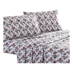 Veria 4 Piece Full Bedsheet Set with Rose Print The Urban Port- White and Pink