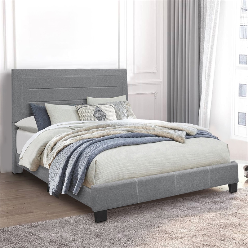 Queen Size Bed with Fabric Wrapped Frame and Panel Headboard- Gray