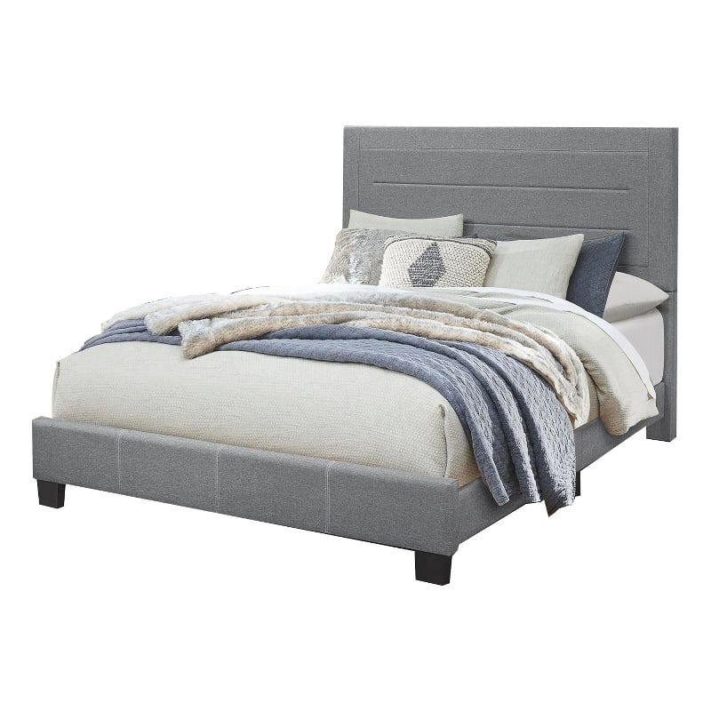 Queen Size Bed with Fabric Wrapped Frame and Panel Headboard- Gray