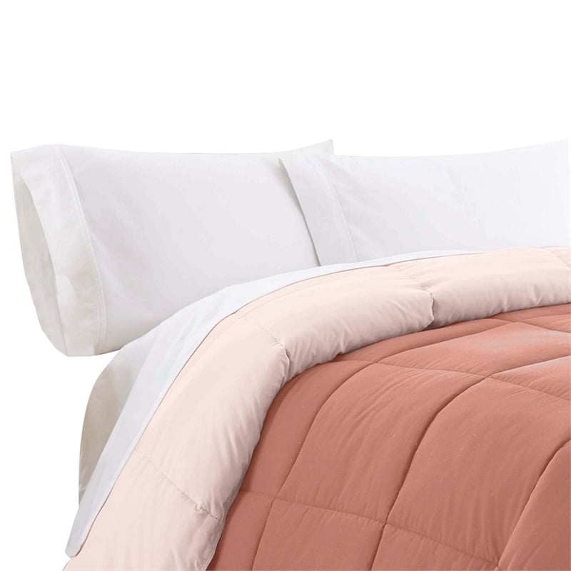 Veria Microfiber Twin Comforter with Stitched Block Pattern - Rosewood
