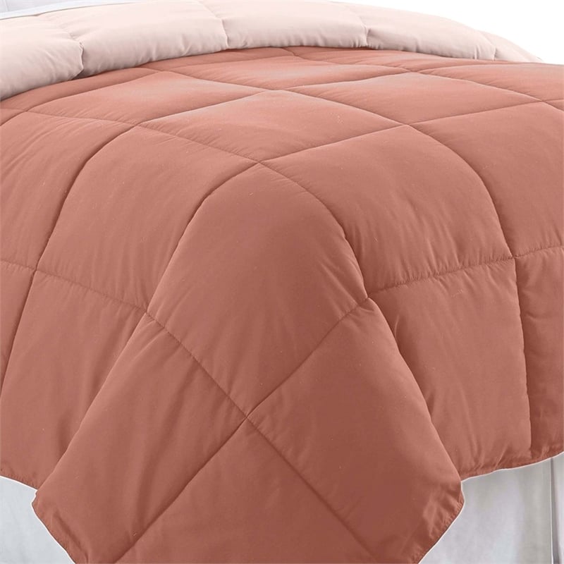 Veria Microfiber Twin Comforter with Stitched Block Pattern - Rosewood
