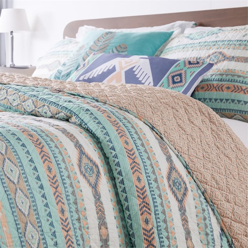 2 Piece Twin Quilt Set with Geometric Pattern- Blue