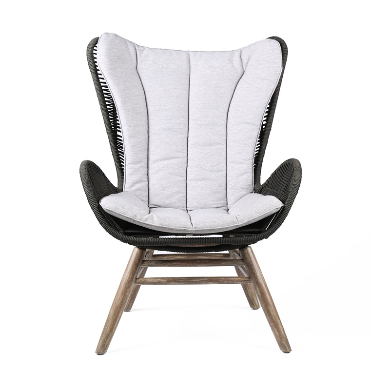 Indoor Outdoor Lounge Chair with Intricate Rope Woven Wingback- Gray