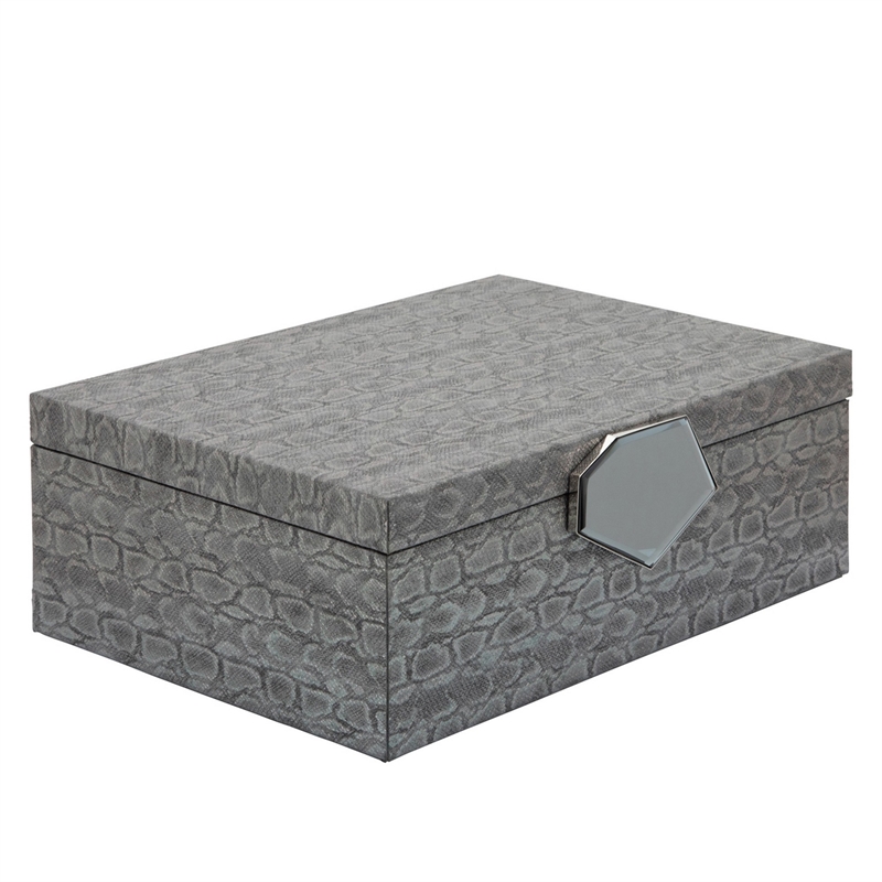 14 Inch Box with Leatherette Upholstery and Textured Pattern- Gray
