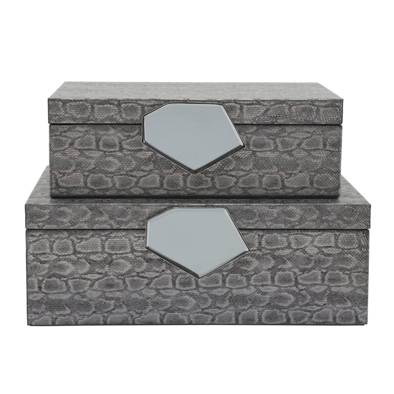 14 Inch Box with Leatherette Upholstery and Textured Pattern- Gray