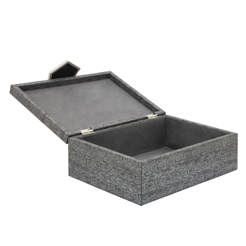14 Inch Box with Leatherette Upholstery and Textured Pattern- Gray