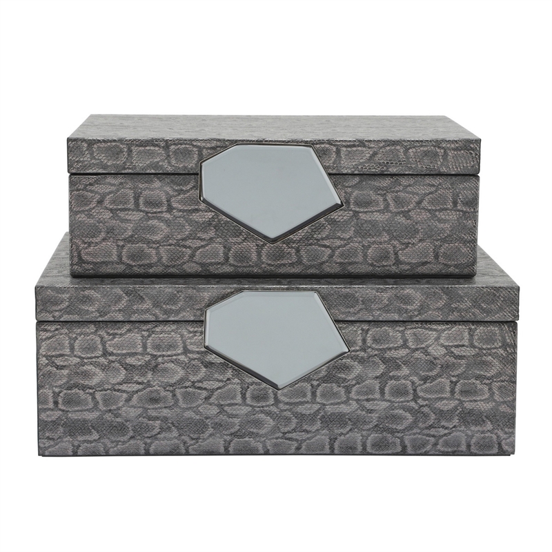 14 Inch Box with Leatherette Upholstery and Textured Pattern- Gray