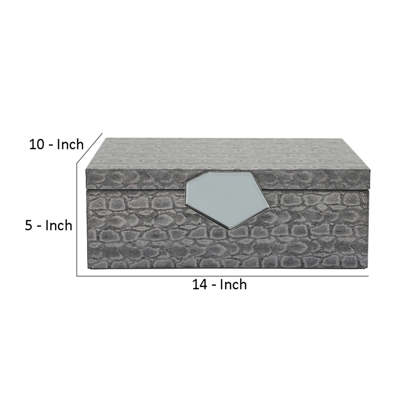 14 Inch Box with Leatherette Upholstery and Textured Pattern- Gray