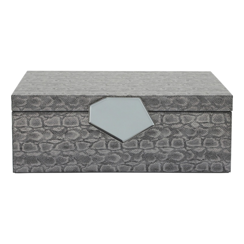 14 Inch Box with Leatherette Upholstery and Textured Pattern- Gray