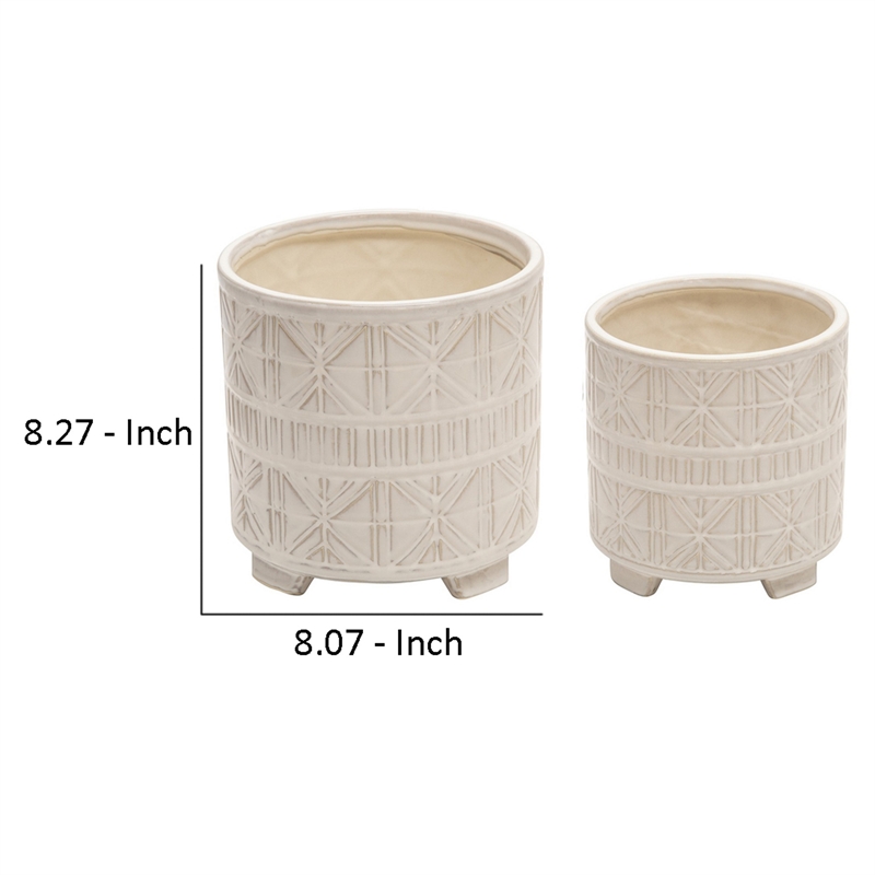 Footed Planter with Ceramic and Geometric Pattern- Set of 2- Beige