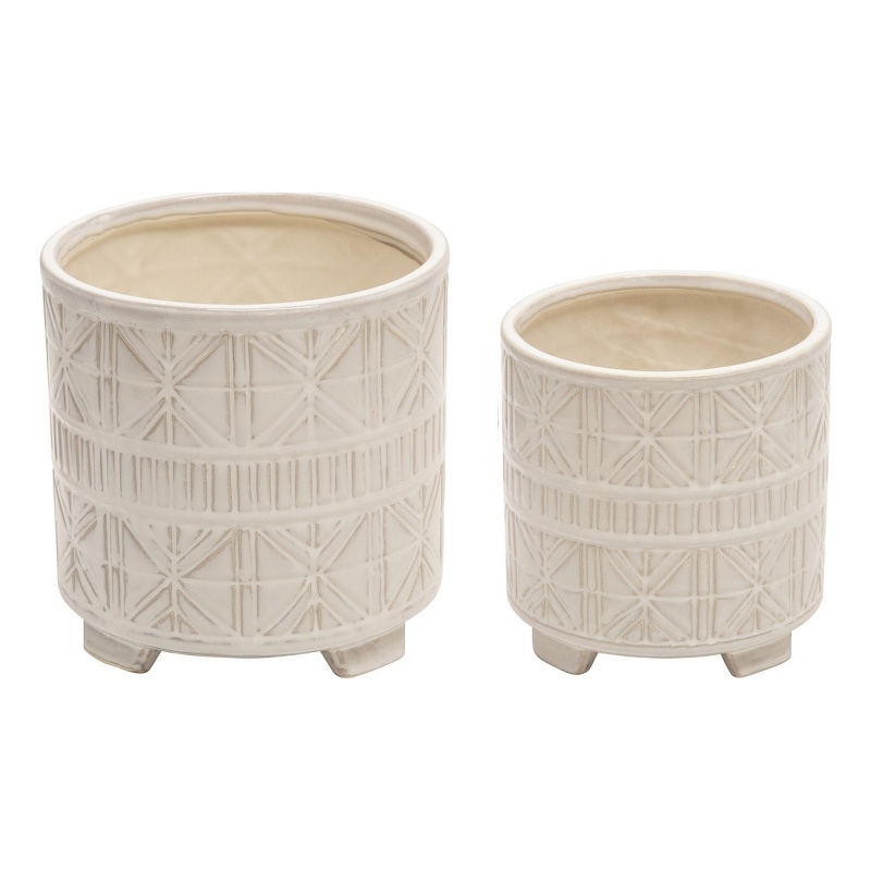 Footed Planter with Ceramic and Geometric Pattern- Set of 2- Beige