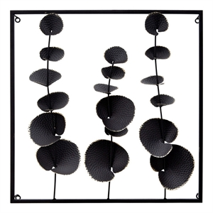 Wall Decor with Textured Leaves and Metal Frame- Black