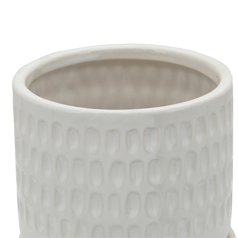 Ceramic Planter with Saucer and Hammered Design- Set of 2- White