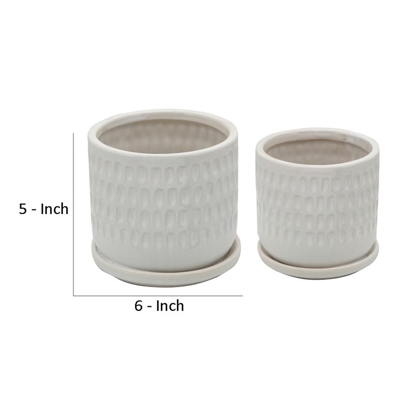 Ceramic Planter with Saucer and Hammered Design- Set of 2- White