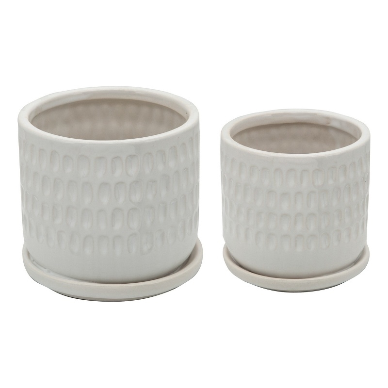 Ceramic Planter with Saucer and Hammered Design- Set of 2- White