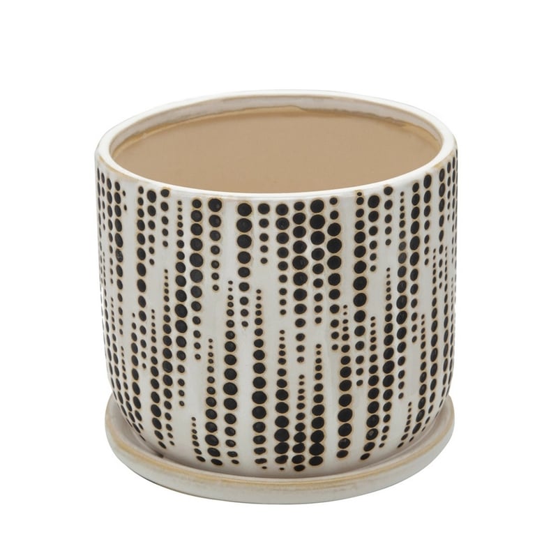 Ceramic Planter with Polka Dot Design and Saucer- Set of 2- Beige