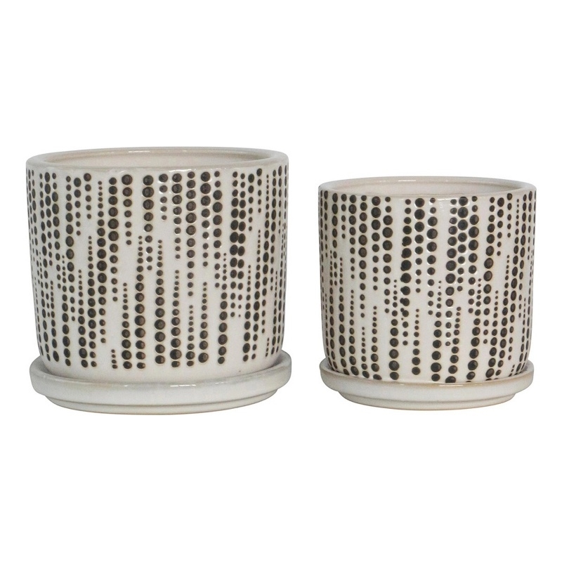 Ceramic Planter with Polka Dot Design and Saucer- Set of 2- Beige