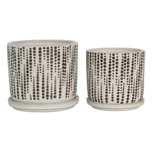 Ceramic Planter with Polka Dot Design and Saucer- Set of 2- Beige