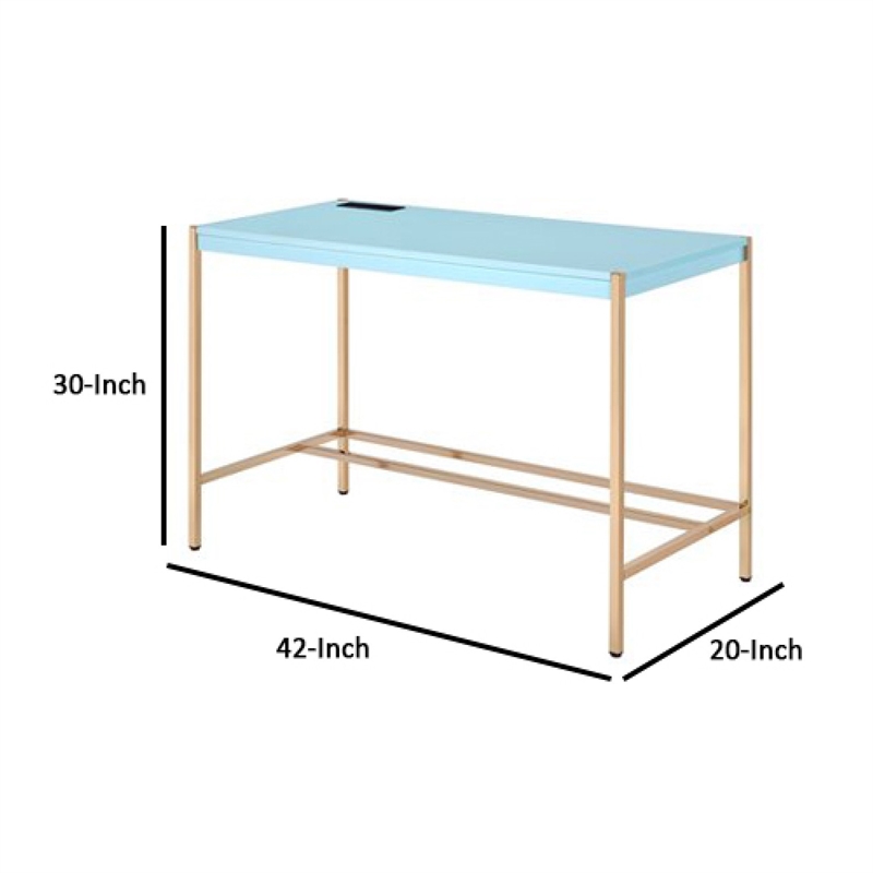 Writing Desk with USB Dock and Metal Legs- Sky Blue and Gold