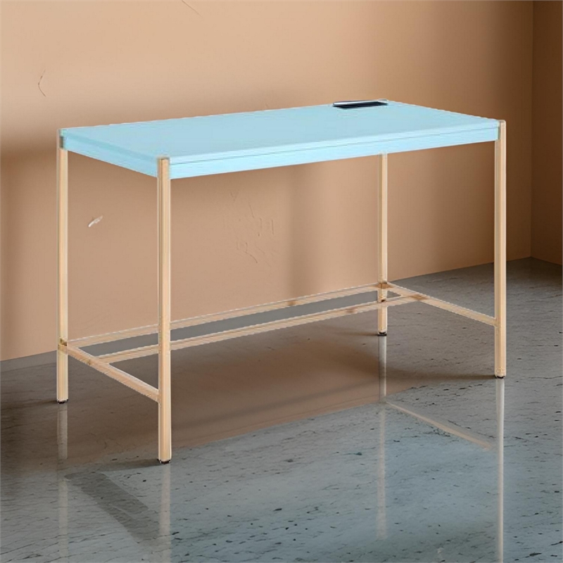 Writing Desk with USB Dock and Metal Legs- Sky Blue and Gold