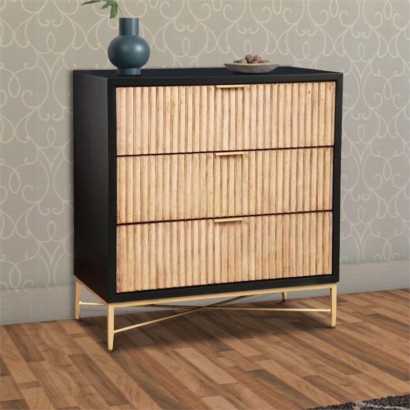 Accent Chest with 3 Corrugated Drawers and Metal Base- Black
