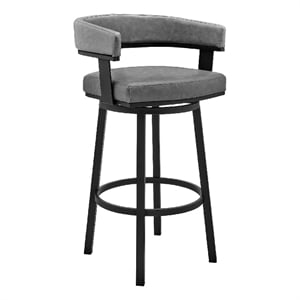 Swivel Counter Barstool with Curved Open Back and Metal Legs- Black and Gray