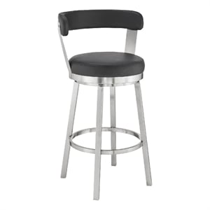 Swivel Counter Barstool with Curved Open Back and Metal Legs- Black and Silver