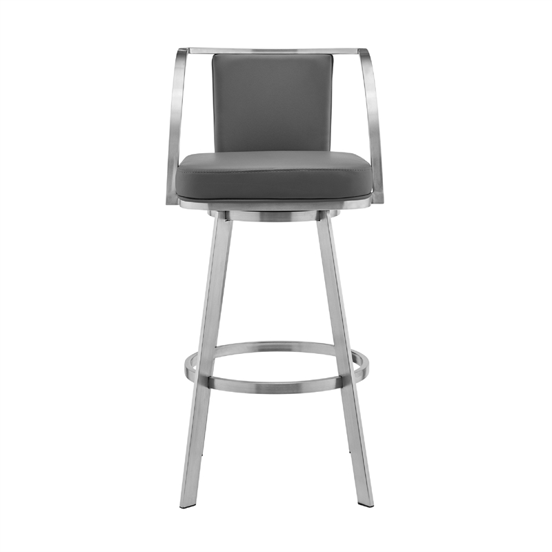 Swivel Barstool with Open Curved Metal Frame Arms- Gray and Silver