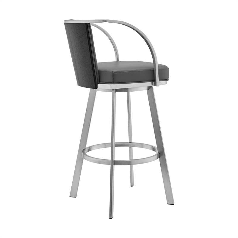 Swivel Barstool with Open Curved Metal Frame Arms- Gray and Silver