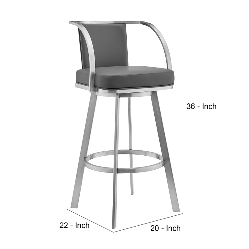 Swivel Barstool with Open Curved Metal Frame Arms- Gray and Silver