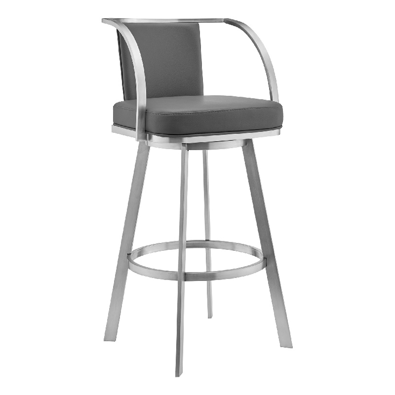 Swivel Barstool with Open Curved Metal Frame Arms- Gray and Silver