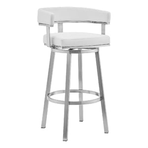 Swivel Barstool with Curved Open Back and Metal Legs- White and Silver