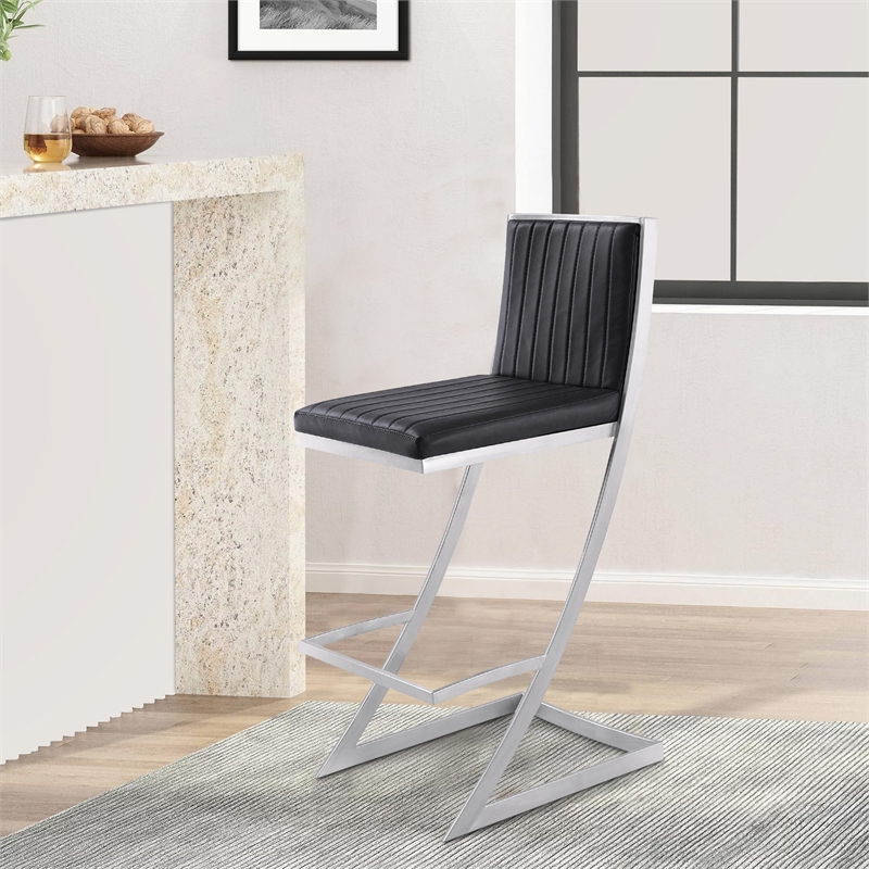 Barstool with Channel Stitching and Angled Cantilever Base- Black and Silver