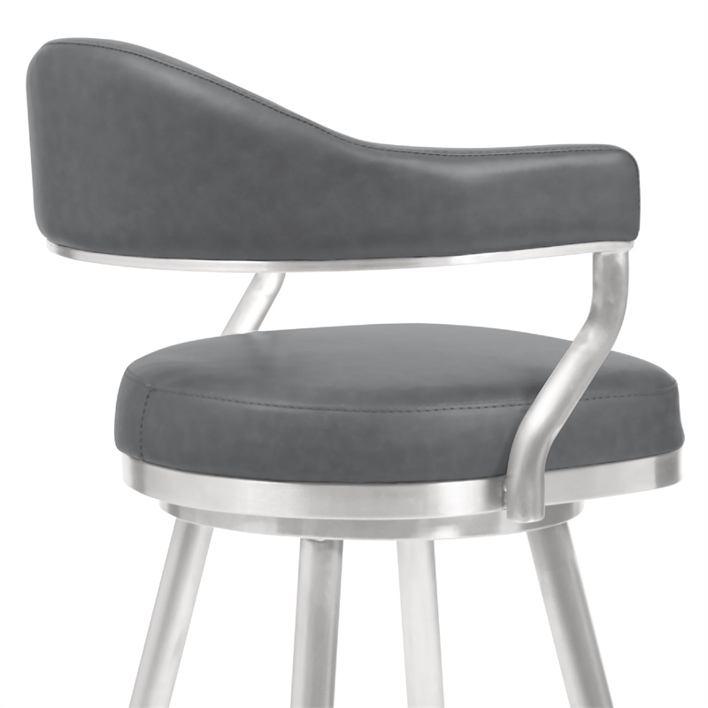 26 Inch Vegan Faux Leather Metal Counter Stool- Gray- Silver