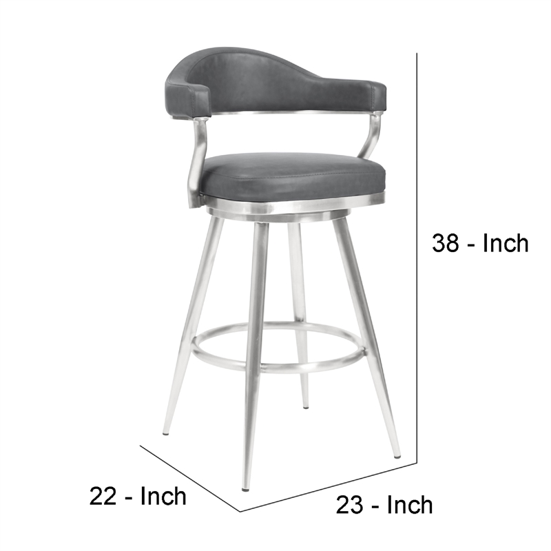 26 Inch Vegan Faux Leather Metal Counter Stool- Gray- Silver