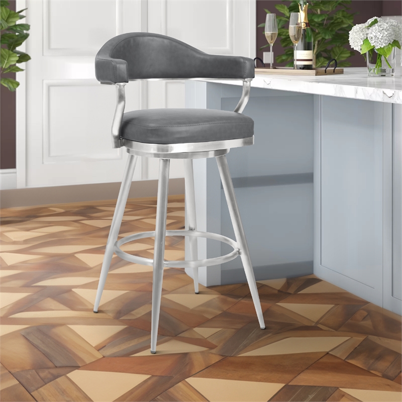 26 Inch Vegan Faux Leather Metal Counter Stool- Gray- Silver