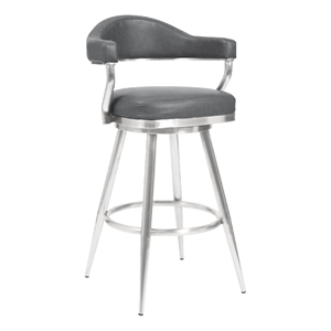 26 Inch Vegan Faux Leather Metal Counter Stool- Gray- Silver