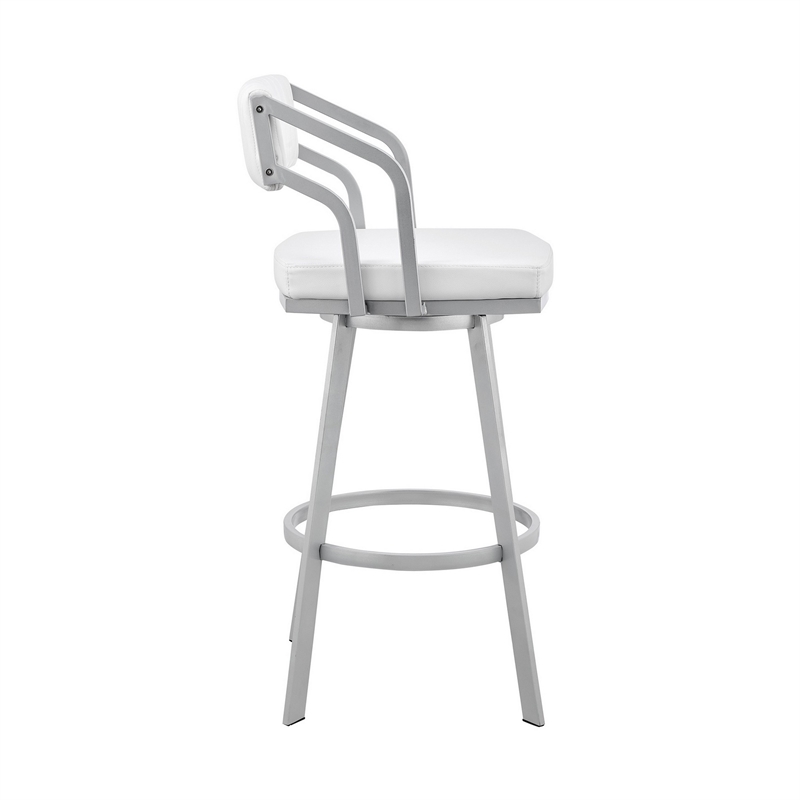 Lyla 26 Inch Counter Height Stool- Swivel- Faux Leather- White- Silver