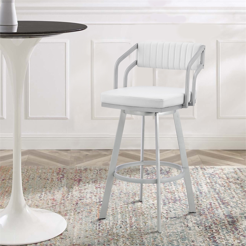 Lyla 26 Inch Counter Height Stool- Swivel- Faux Leather- White- Silver