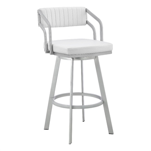 Lyla 26 Inch Counter Height Stool- Swivel- Faux Leather- White- Silver