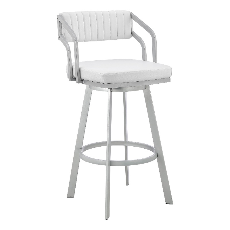 Lyla 26 Inch Counter Height Stool- Swivel- Faux Leather- White- Silver