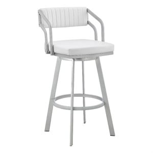 Lyla 26 Inch Counter Height Stool- Swivel- Faux Leather- White- Silver